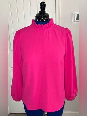 J. Crew Bright Pink Ruffle-Neck Puff Sleeve Blouse